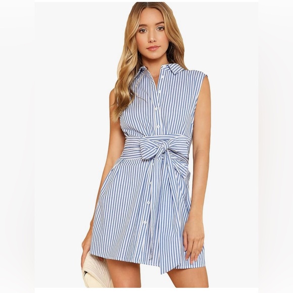 ROMWE Dresses & Skirts - Blue and white striped sleeveless shirt dress with wrap around tie belt